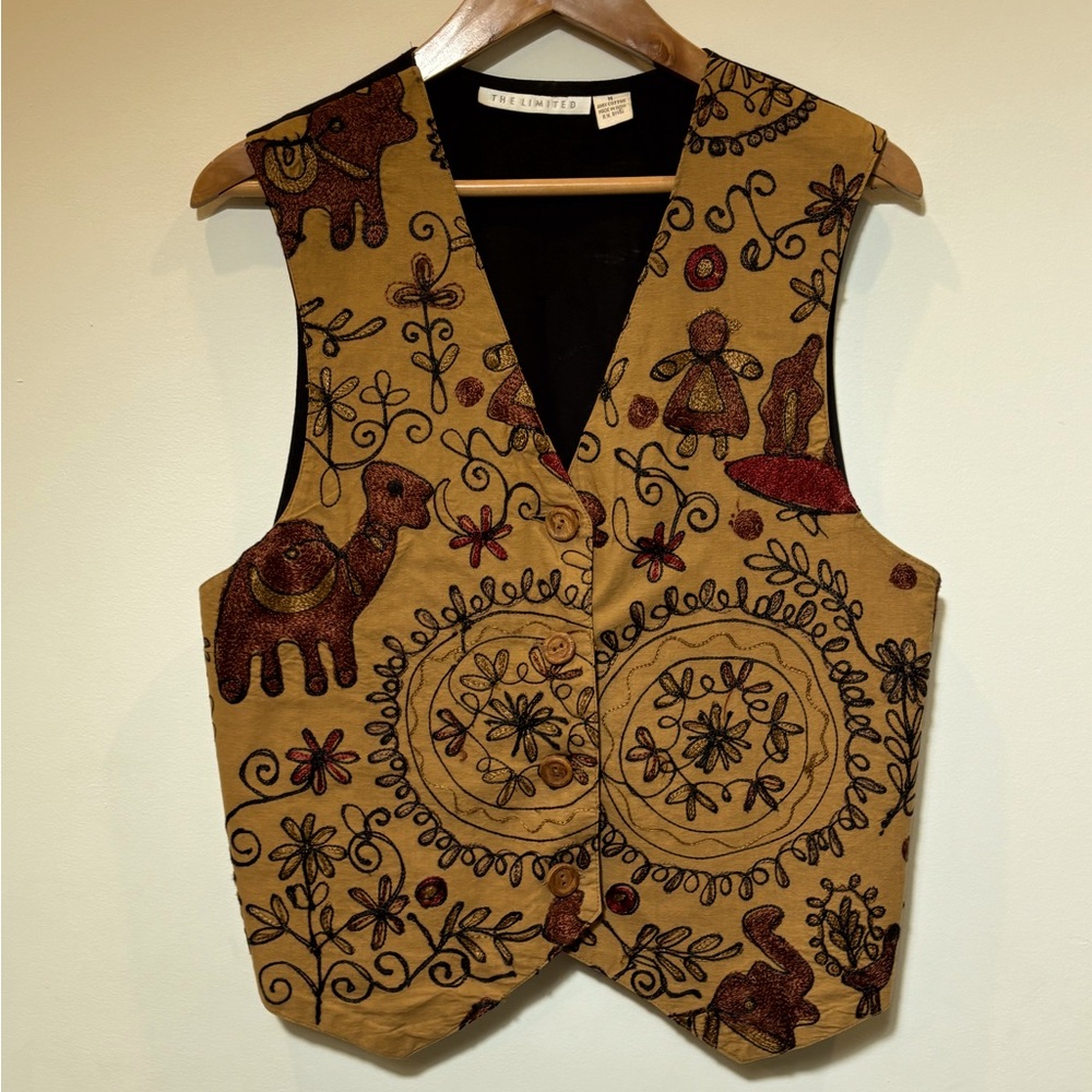 The Limited Vintage Women's Vest M Camel Embroidered Tie Back Wood Buttons